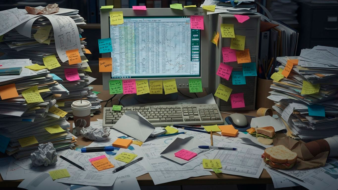 Oficina desordenada con papeles y procesos manuales ineficientes